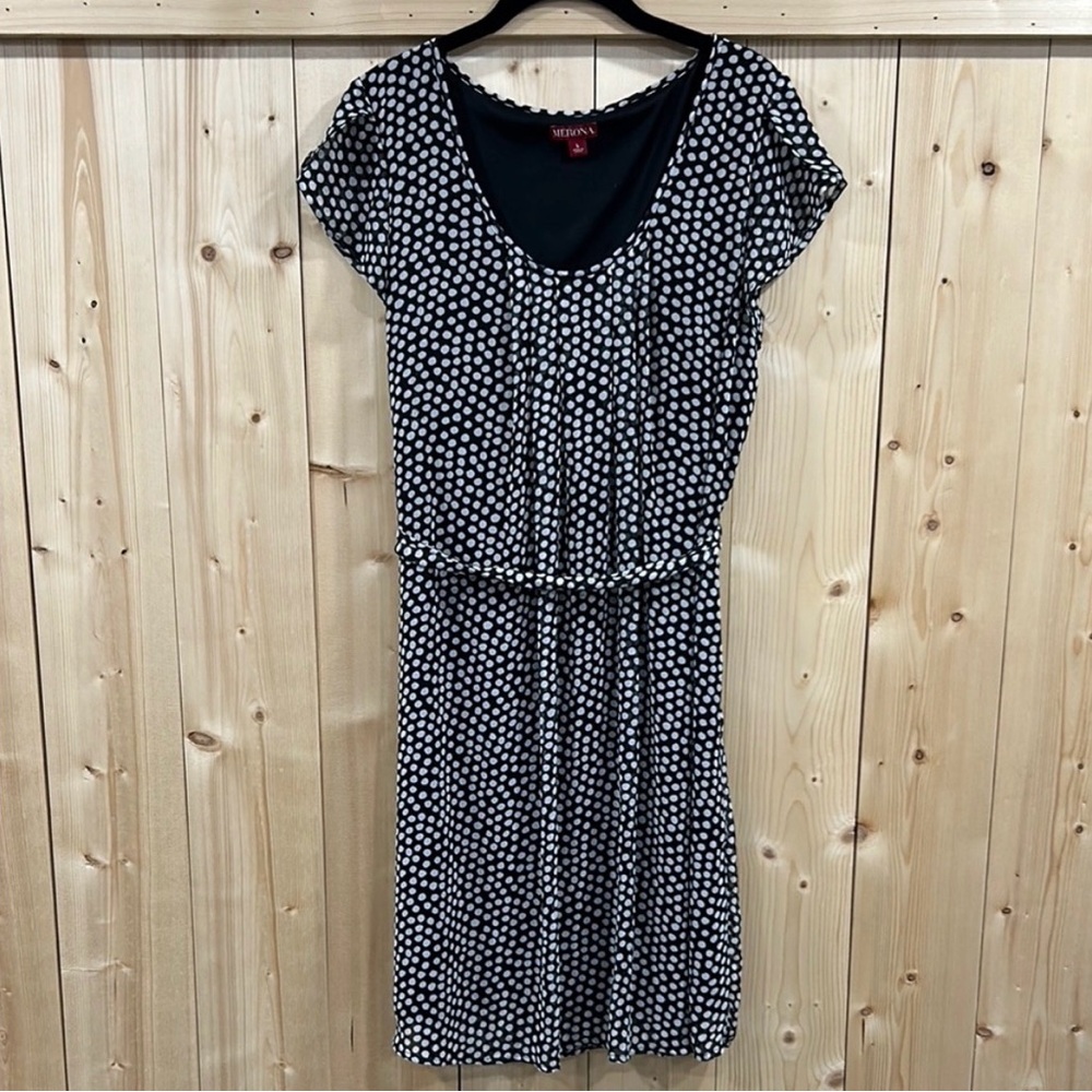 Merona Black & White Polka Dot Cap Sleeve Dress with Waist Tie - size L